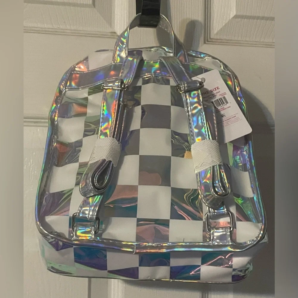 NWT Justice Mini Backpack Iridescent Checkered Holographic Pocket Bag One Size